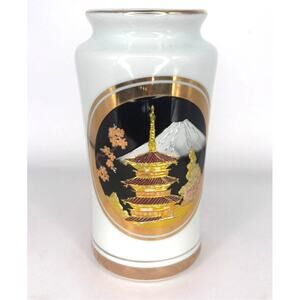 Vintage Vase Chokin Art Made in Japan Temple & Mt. Fuji Gold Silver Copper White